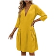 thumbnail image 1 of Vestido de Verano 3/4 Manga para las Mujeres Cuello en V Lino Vestido Suelto, Suelto Vestido Fluido para las Mujeres con Bolsillos Color Sólido, 1 of 7