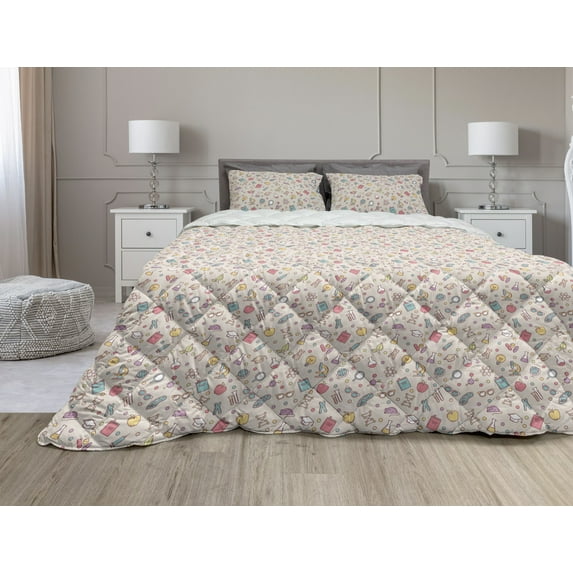 Lab Comforter & Sham Bedding Set, Colorful Pattern with Science and Research Tools Chemical Industry Innovation, 3 pcs Duvet Set Microfiber Filling Quilt, 5 Sizes, Multicolor, by Ambesonne