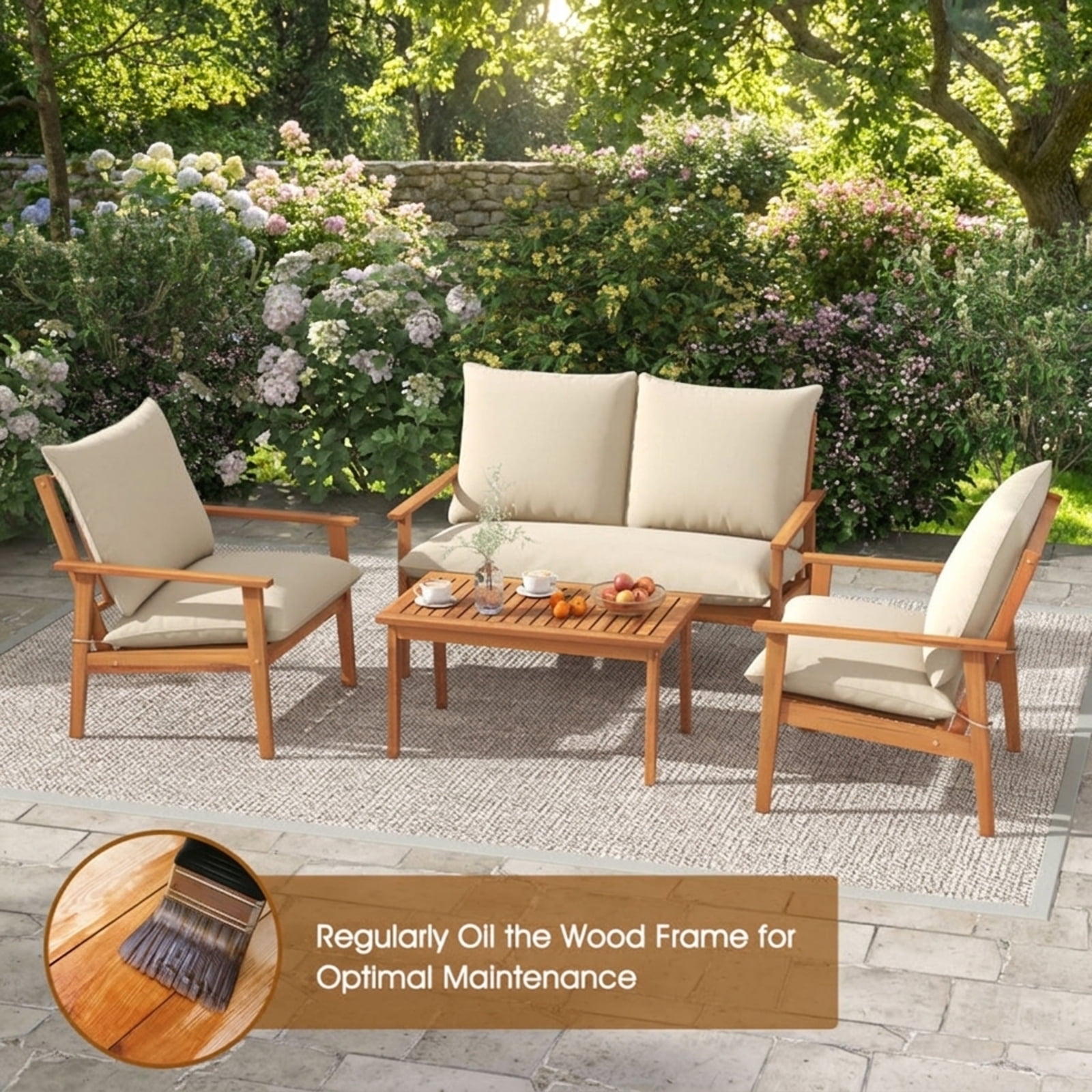 Biotree 4 Piece Outdoor Acacia Wood Conversation Set patio furniture set with soft cushions and coffee table for garden backyard and porch, White