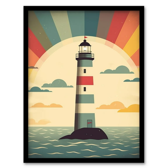 Retro Lighthouse Bathroom Art Sunrise Mid Century Modern Flat Vintage Style Art Print Framed Poster Wall Decor 12x16 inch