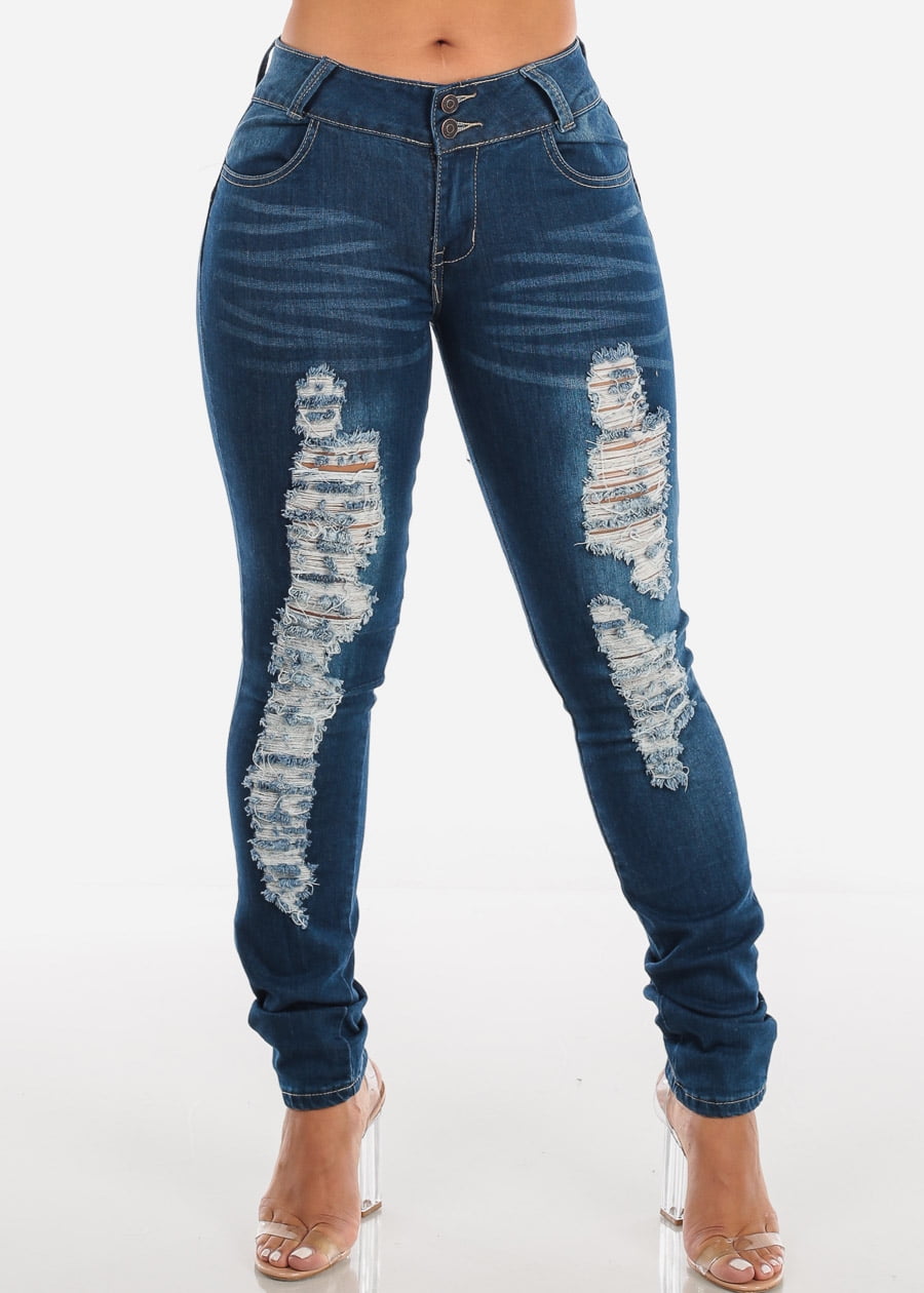 dark wash distressed skinny jeans