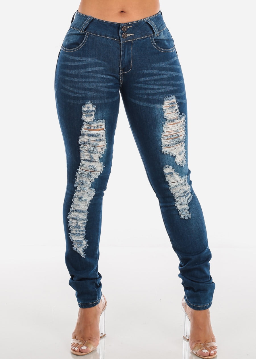 dark wash destroyed skinny jeans