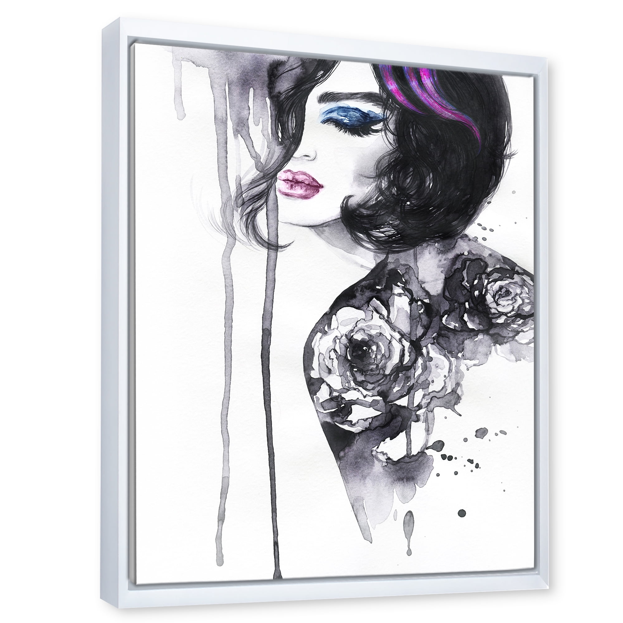 Designart 'Monochrome Female Portrait With Colorful Makeup' Modern Framed Canvas Wall Art Print