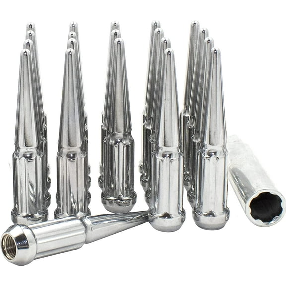 Wheel Accessories Parts 20 Pcs 9/16" Thread Lug Nuts Spike Spline Solid Metal Truck Spline 4.40" Long Chrome Fits 2009-10 Dodge Dakota 2003-09 Durango 2002-11 Ram 1500