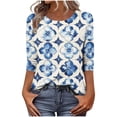 thumbnail image 2 of Jsaierl Women's 3/4 Sleeve Tops Casual Round Neck Shirts Retro Graphic Petite Blouses Soft Elegant T-shirts Top S-5XL, 2 of 7