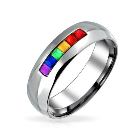 Life Couples Ring - Gay Pride Rainbow CZ Channel Set LGBT Couples Wedding Band Ring For Men For Women Silver Tone Stainless Steel Band