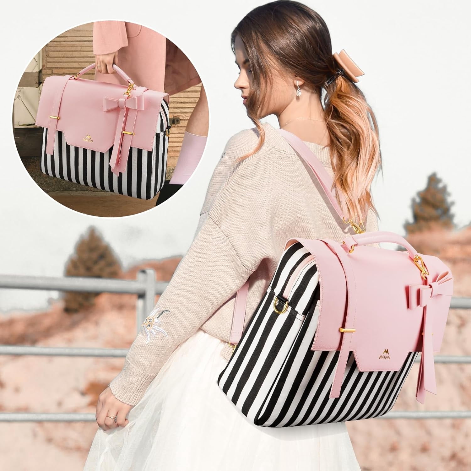 Matein 15.6inch Laptop Backpacks for Women, 3 in 1 Laptop Tote Bag with Bow for School and Work, Pink