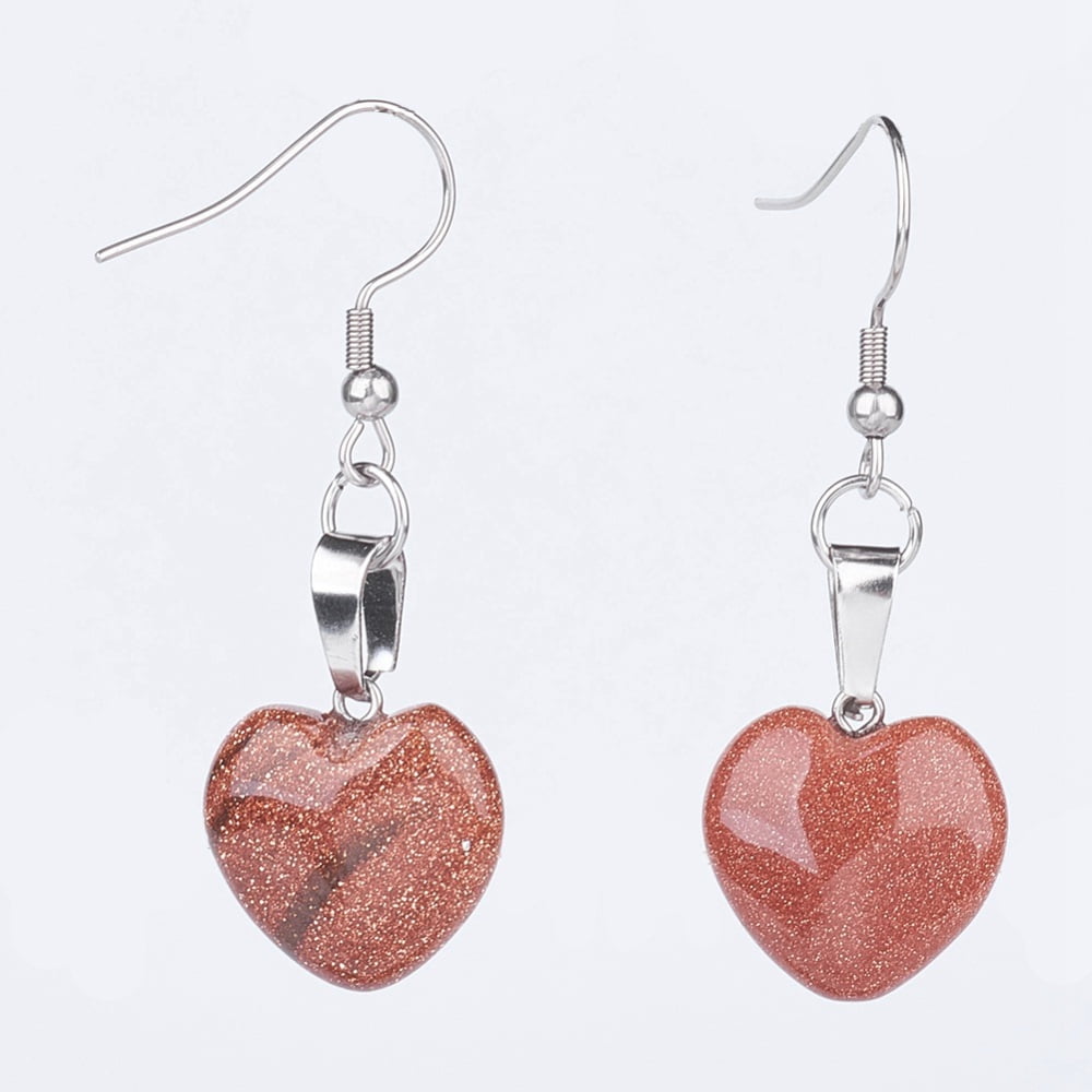 Natural & Synthetic Mixed Gemstone Dangle Earrings with 304 Stainless Steel Earring Hooks Heart 47~48mm Pin: 0.6mm