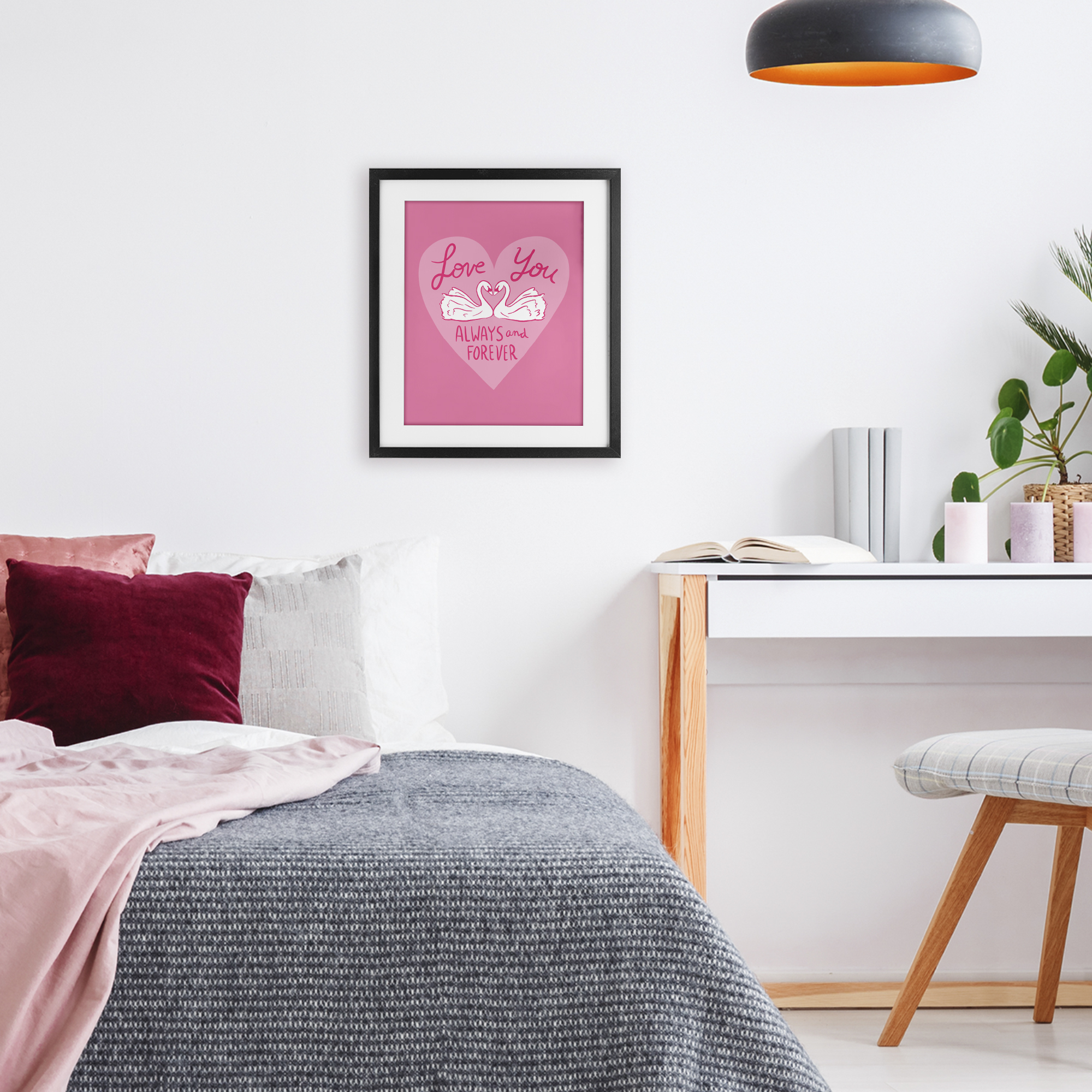 Always & Forever Swans Black Framed Print Under Glass, design by Juliet Meeks
