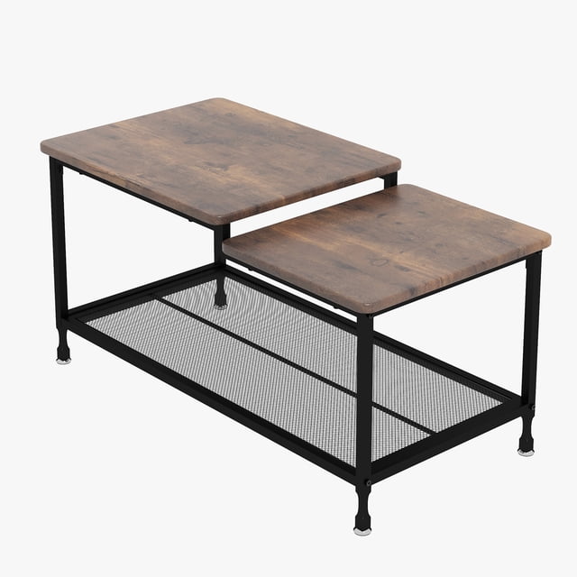 Table Basse Rectangulaire Rétro Yiwa, Table de Sofa à 2 Niveaux en Bois et Métal avec Surface Imperméable et Résistante à l'Usure et Tablette