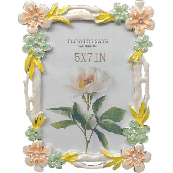 Vintage 5X7in Floral Metal Picture Frame with Enamel Finis Glass Front - Ornate Antique Colorful Flowers Photo FrameTabletop/Wall Display,Perfect Gift Choice