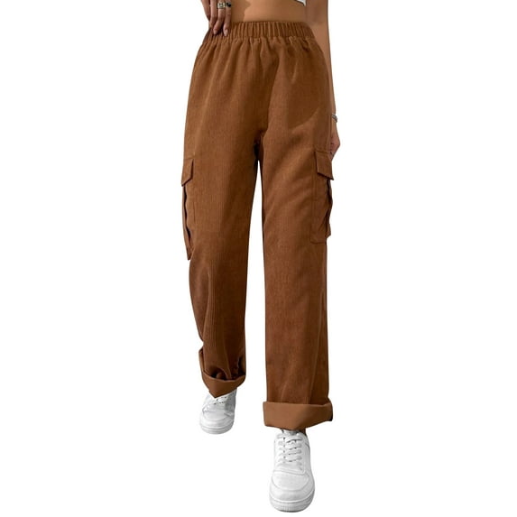 QAFOPEH Women Corduroy Elastic Waist Pocket Spliced Solid Color Long Pants