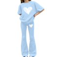 thumbnail image 2 of EnJoCho Girls Heart 2 Piece Outfit Set Kids Short Sleeve Top Baggy Legging Flared Pants Cute Graphic Casual Outfit School Trendy Little Girls Linen Short Sleeve Pants Outfit, 2 of 5