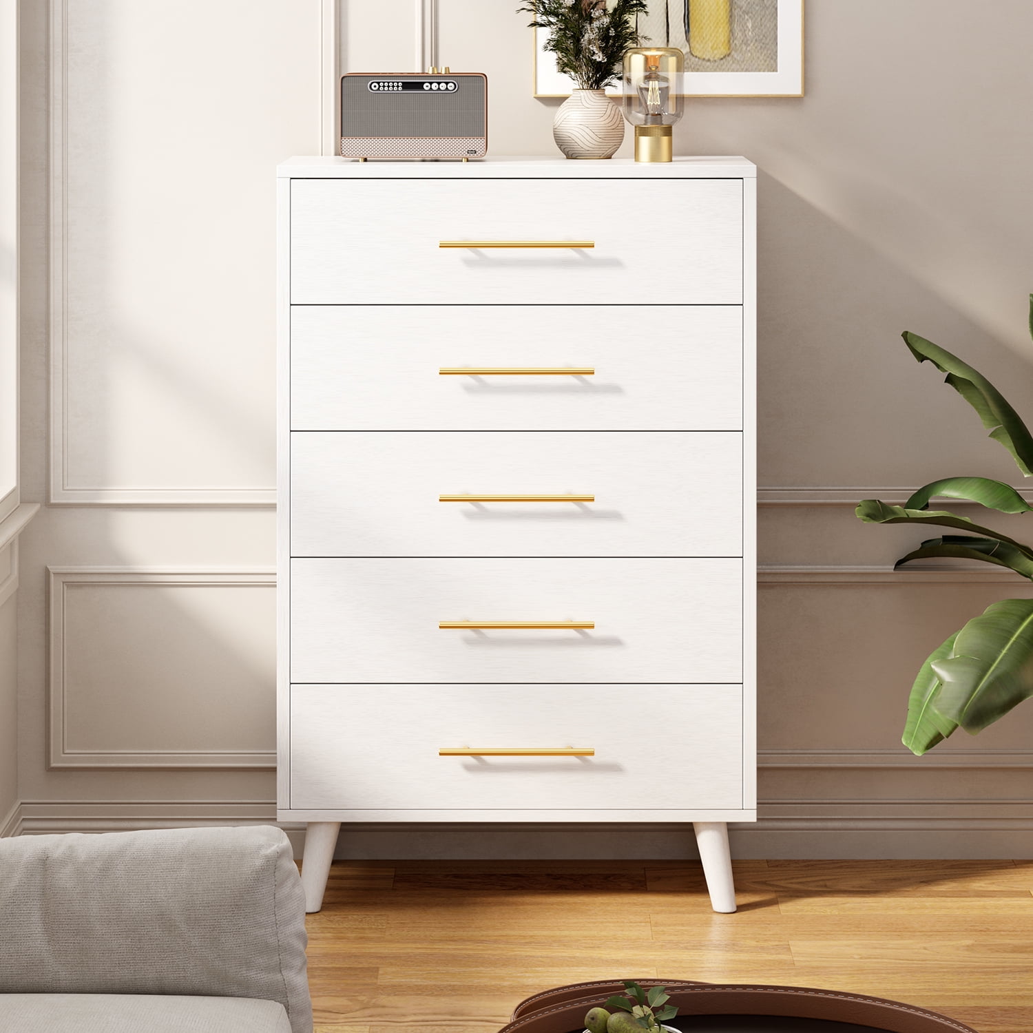 Bedroom Furniture Set - Includes Queen Bed Frame, Nightstands Set of 2, 5-Drawer Dresser & Double Wide 6-Drawer Dresser - Modern Storage Solution for Stylish Home Decor, Beige/White