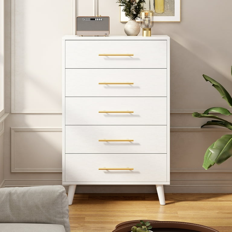 Lofka 5-Drawer Dresser, Gold Metal Handles, Wood Storage Cabinet, White -  Walmart.com