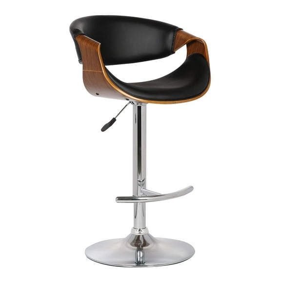 Armen Living Indoor Butterfly Adjustable Height Swivel Black Faux Leather and Walnut Wood Bar Stool with Chrome Base