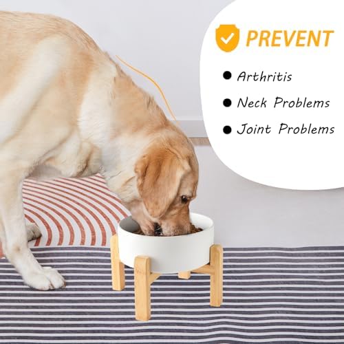 8'' Ceramic Raised Dog Bowl - 70Oz Dog Food & Water Bowl with Elevated Non-Slip Bamboo Stand, Dishwasher & Microwave Safe, Anti Vomiting Heavy Duty Pet Bowl for Medium and Large Dogs, White