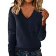 thumbnail image 2 of Women's V Neck Chest Pocket Sweater, Drop Shoulder Long Sleeve Pullover, Solid Color Knit Top, Casual Loose Fit Blouse, Everyday Comfort Wear with Front Pocket Navy XL, 2 of 6