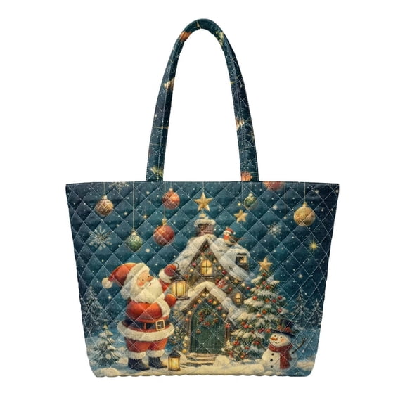 XYZCANDO Christmas Santa Print Quilted Large Handle Handbag, Lightweight Durable Shoulder Tote for Holiday Shopping Travel Festive Gifts for Women