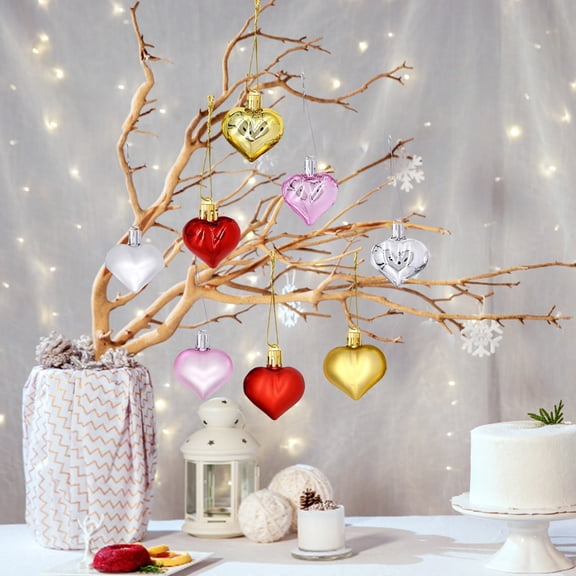 12 Pcs Valentine Heart Ornaments Solid Color Heart Shaped Decorations Tree Plastic Hanging Baubles for Valentine Wedding Anniversary Silver 0.7 In