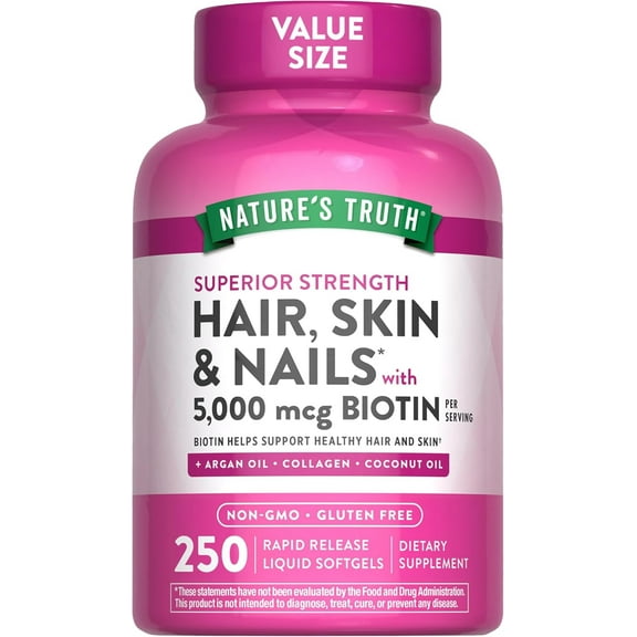 Hair, Skin & Nails Vitamins with Biotin | 5000mcg | 250 Softgels | Includes Collagen and Coconut Oil | by Nature's Truth