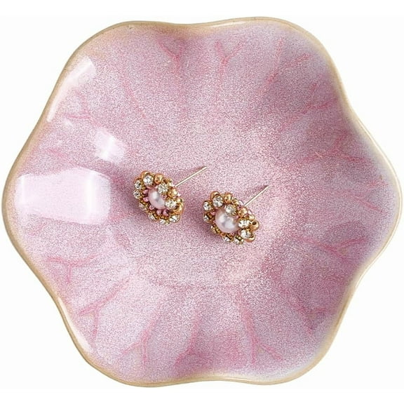 Ceramic Jewelry Tray Ring Dish Flower Shape Decorative Small Key Bowl Trinket Tray Organizing Necklace Earrings Holder Plate for Entryway Table Room Home Decor Pink 4.25 x 1.18 Inch 1pc