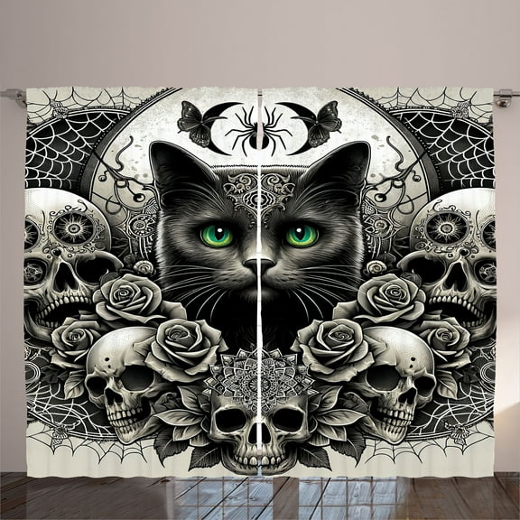 Ambesonne Gothic Curtains 2 Panel Set, Oldschool Spooky Skulls Cat, 108" x 108", Dark Grey Green Eggshell