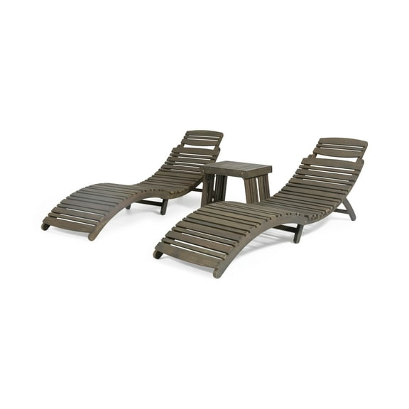 Noble House Lahaina Outdoor Acacia Wood 3-Pc Chaise Lounge Set Gray