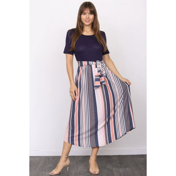 Navy Short Sleeve Pink Stripe Sash Midi Dress