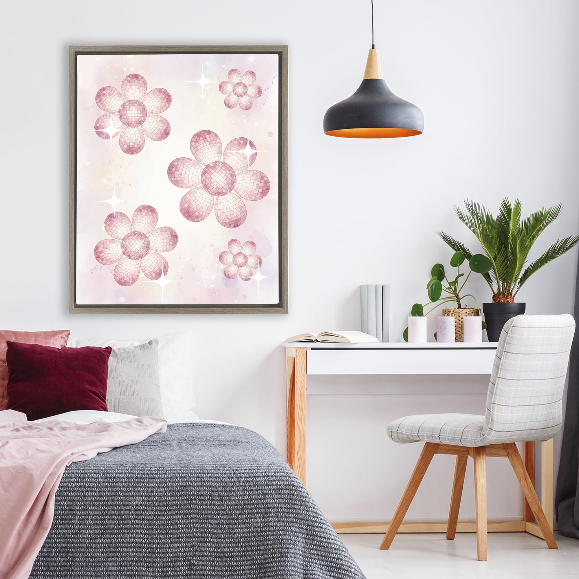 Stupell Industries Disco Ball Floral Patterns Brown Framed Floater Canvas Wall Art, design by Lil' Rue