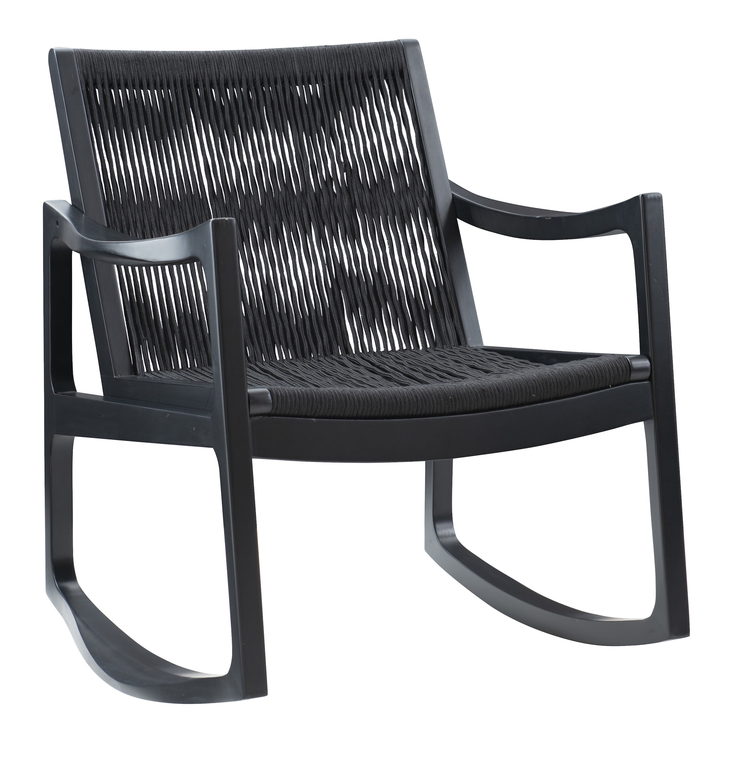 Powell Quinlan Mid Century Modern Woven Rope Beechwood Rocking Chair, Black