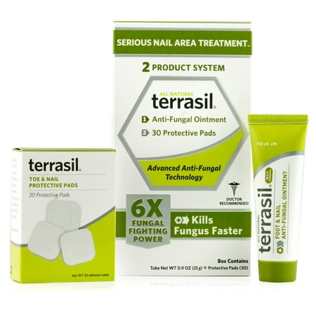 Terrasil® Antifungal Foot and Nail Treatment 2-Product Ointment MAX Strength with All-Natural Activated Minerals®and Toe & Nail Protective Pads 6X Faster (25gm tube + 30