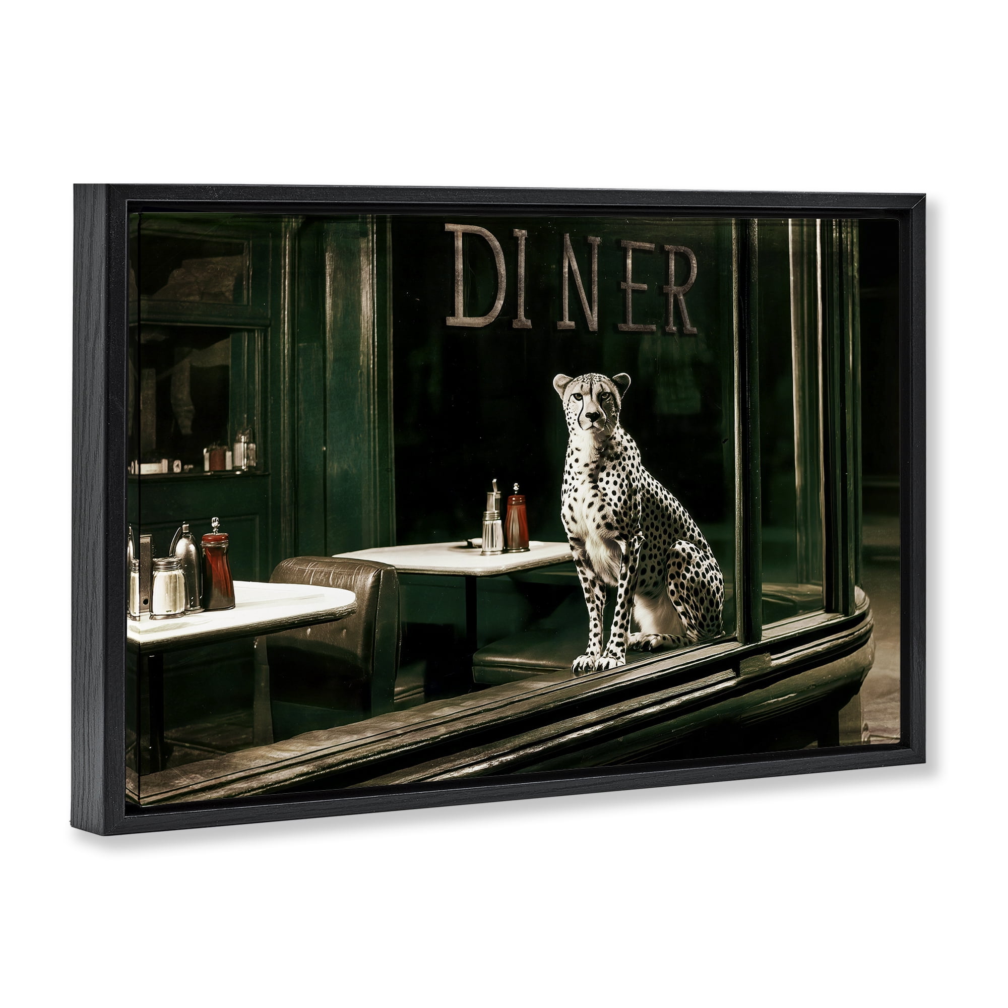 Stupell Industries Diner Sentry Leopard Black Framed Floater Canvas Wall Art, design by Annabelle Hall