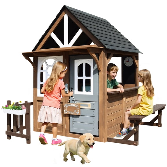Conchico Outdoor Playhouse for Kids, Wooden Playhouse Outside with Kitchen Playset, Snack Bar, Pet Access, Doorbell, Toy Phone, Large Outdoor Playset for Kids 3-6 Years, Brown Gray