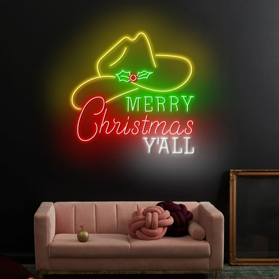 Craftnamesign Merry Christmas Y'all Neon Sign, Cowboy Hat Christmas LED Light, Merry Xmas Wall Art