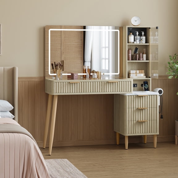 BouPower Fluted Makeup Vanity Desk with 36" LED Lighted Mirror, Glass Top, 5 Drawers, Charging Station, 3 Color Modes, Bedroom Dressing Table - 3 Storage Shelves - Modern Wood Furniture