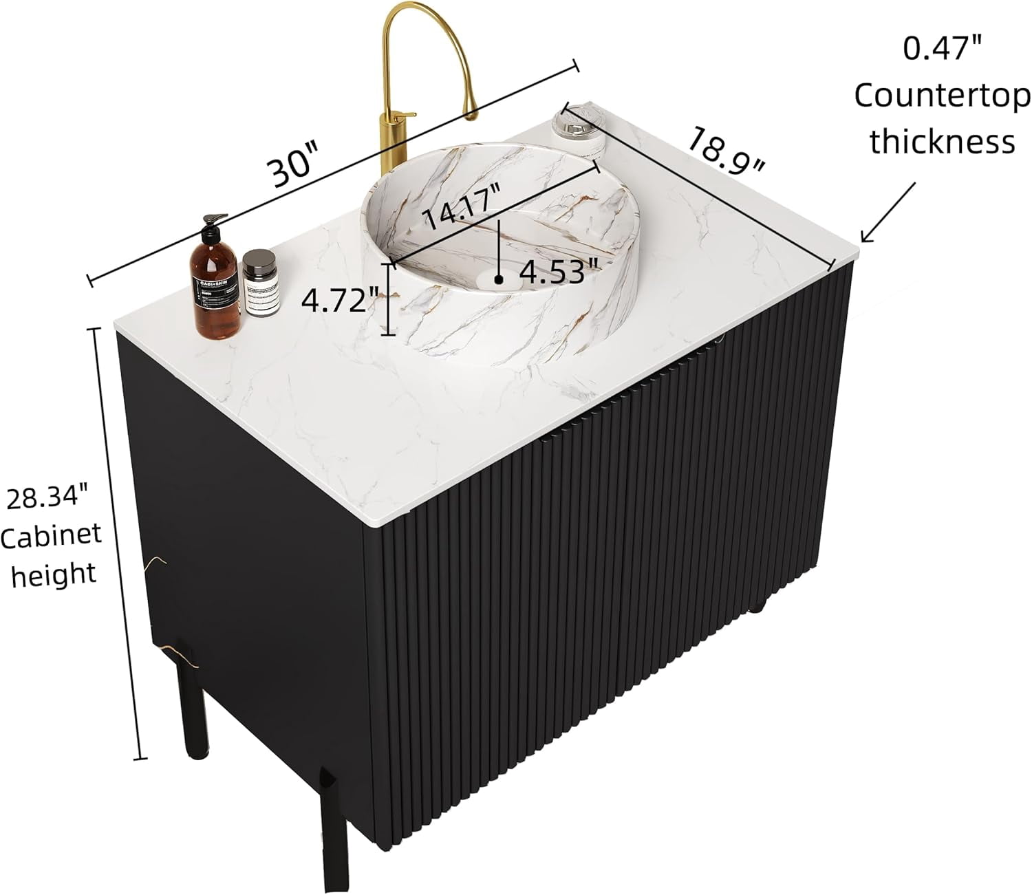 30" Bathroom Vanity with Sink, Modern Bathroom Vanities with Durable Marble Ceramic Basin and Sintered Stone Countertop, Soft Closing Doors, Freestanding Bathroom Cabinet, Black