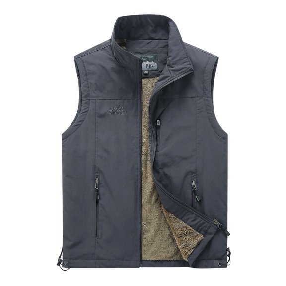 Lovskoo Men's Outdoor Casual Sleeveless Cargo Jackets Fleece Lined Stand Collar Full Zip Coats Warm Outwear Padded Vest Coats Gray