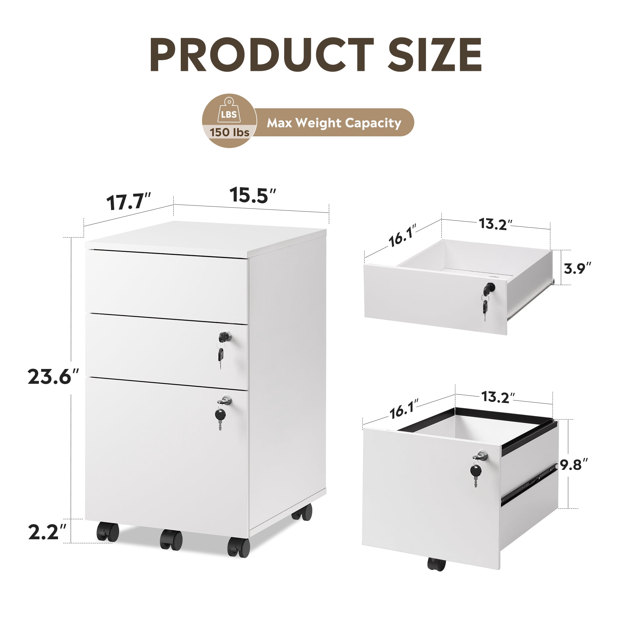 GALAXHERO 3 Drawers Storage Cabinet with Lock, Rolling Wood File Cabinet, Vertical Filing Cabinet for Home Office, Fits Letter/A4, White