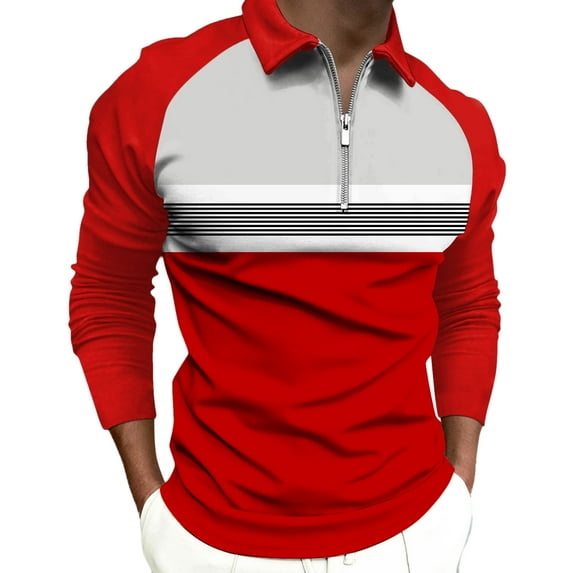 Hfyihgf Mens Classic Polo Shirts Long-Sleeve 1/4 Zip Up Pullover Slim-Fit Fashion Shirt Color Block Lightweight Athletic Golf Tops(01#Red,M)