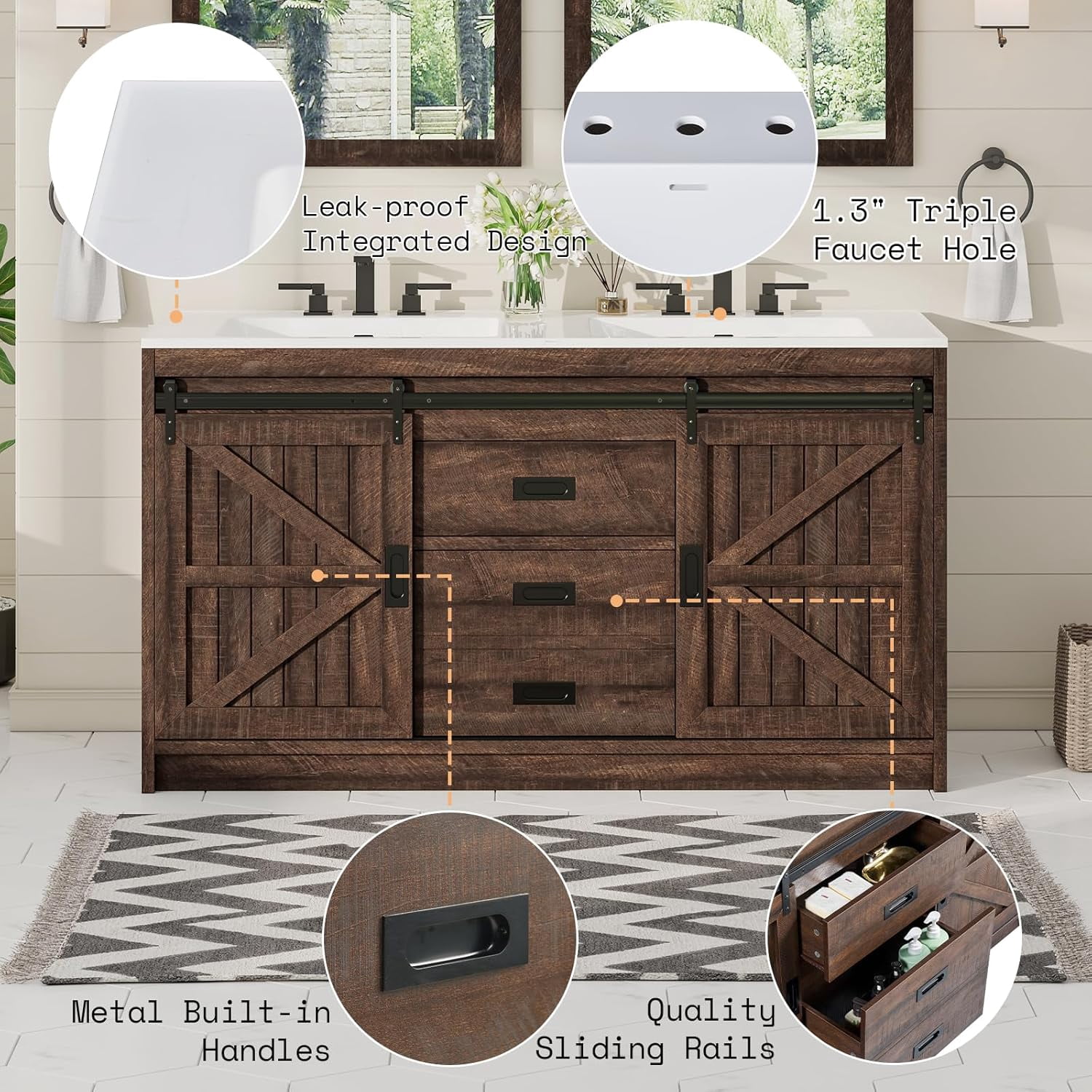 PLAUIN 61" Farmhouse Double Bathroom Vanity with Sink Combo, Dual Basin Bathroom Storage Cabinet with Sliding Barn Doors & Drawers, Brown
