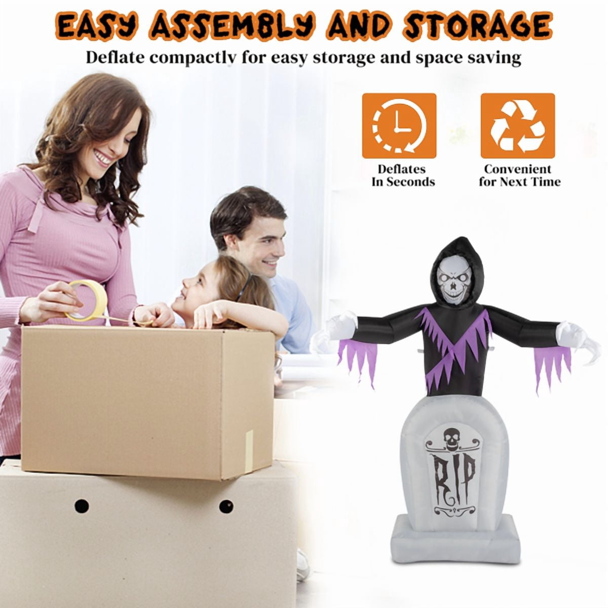 Alvantor 6 ft Halloween Inflatable Grim Reaper and Tombstone with 3 LED Lights for Outdoor Yard
