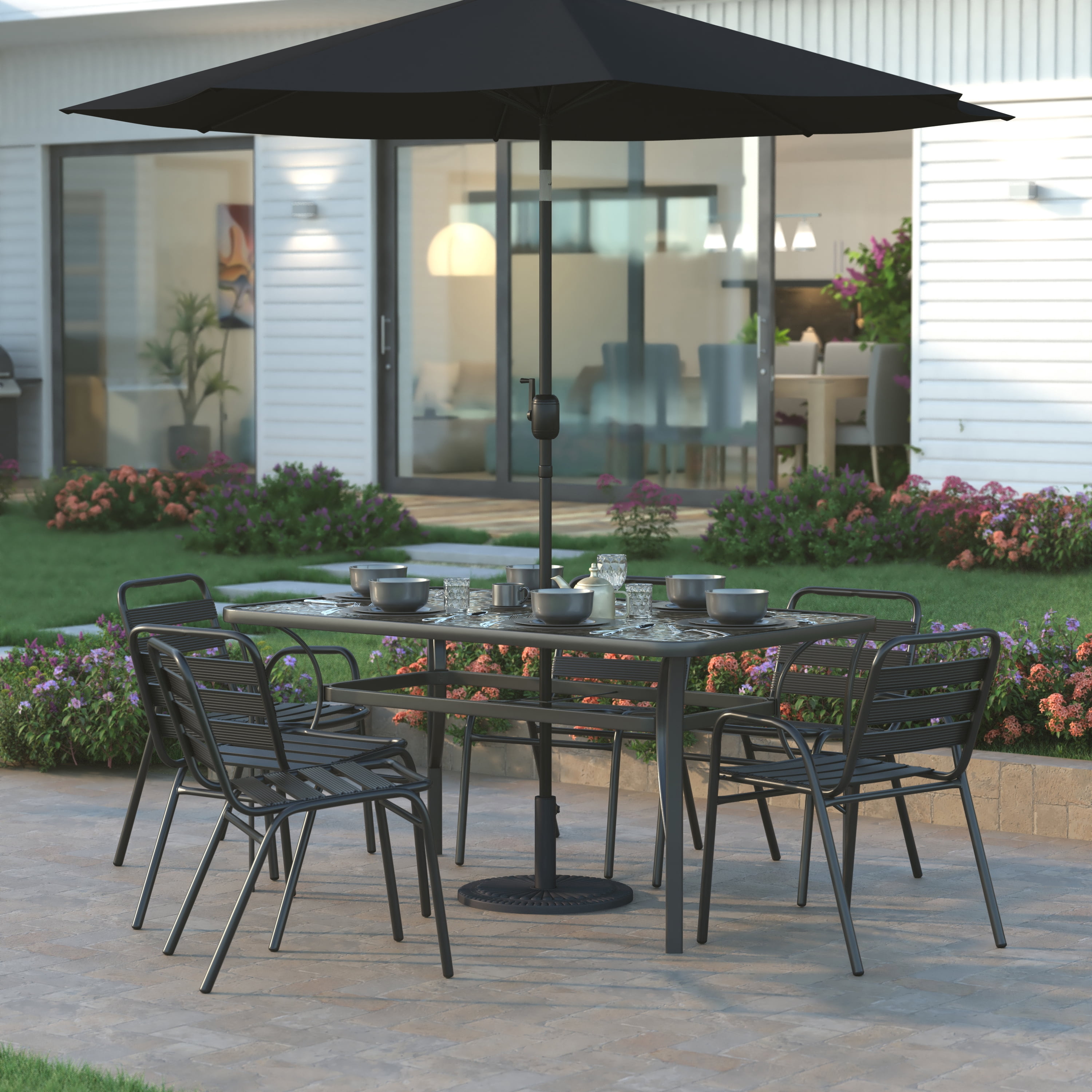 Emma + Oliver Black Round Steel Cement Plastic Patio Umbrella Bases, Waterproof