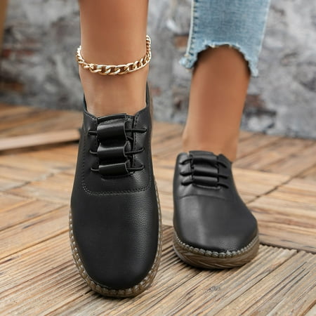 

Cathalem Ladies Fashion Solid Color Leather Lace Up Comfortable Flat Casual Shoes Casual Dress Shoes for Women with Arch Support Black 7