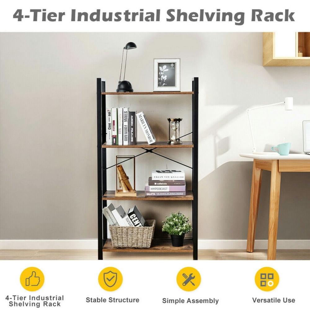 Demi Bonn 4-Tier Rustic Bookshelf,dustrial Bookcase Diaplay Shelf Storage Rack, Brown