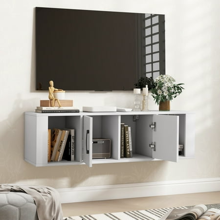 Giantex Wall Mounted Storage Cabinet, 2 Cube Floating Media Hanging Desk w/2 Doors, Home Office Furniture, White