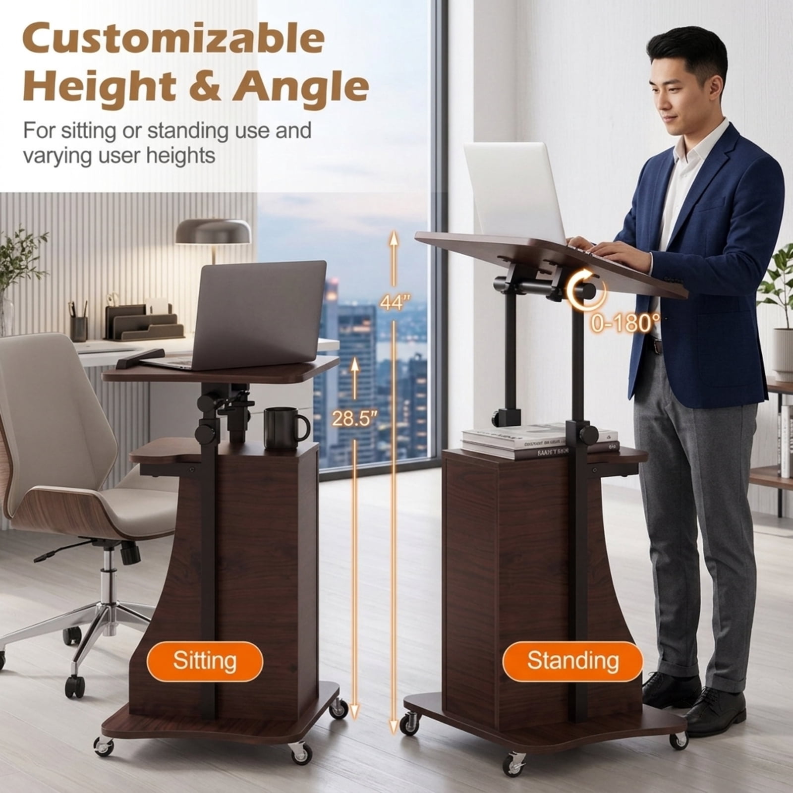 Furnibear Mobile Podium Stand Height Adjustable Laptop Cart with Tilting Tabletop Lockable Wheels and Storage Compartments for Office, Brown
