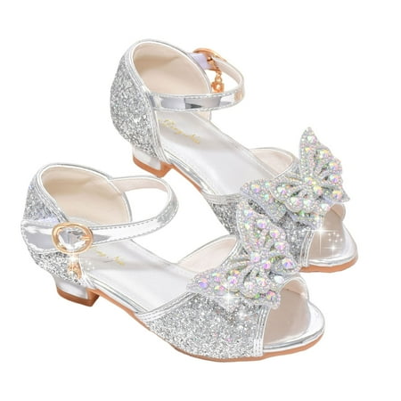 Gvdentm Toddler Girls Dress Shoes Open Front Bow Sequins Sandals for Girls Kids Princess Wedding Formal Ankle High Heel Shoes Pink Toddler Shoes (12 Silver)