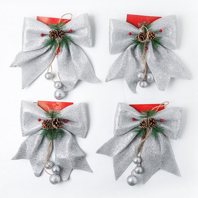 4 Pack Noeud Décoratif Arbre de Noël Paillettes Noeuds d'Arc Ornement avec des Arcs Rouges de Pomme de Pin pour Couronne Guirlande Treetopper Fête de Noël (Rouge)