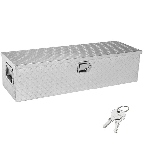 KFFKFF Robust Aluminum Vehicle Storage Box, Diamond Pattern Toolbox with Lateral Grip and Key Locks, Organizational Chest Box for Pickups, Truck Beds, RVs, Trailers, Dimensions 39"x13"x10", Silver Hue
